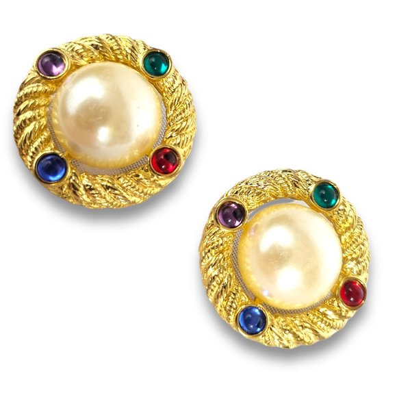 90's Earrings Pearlized Cabochons Gold Tone jewel Accents - Picture 2 of 7